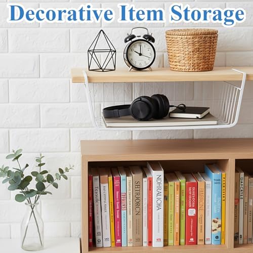 6 Pack Under Shelf Basket, Slide in Wire Hanging Storage Baskets, Slides Under Wire Shelves, Undershelf Hanging Storage Bin Basket for Kitchen, Pantry, Counter, Desk Bookshelf (White) - Image 4