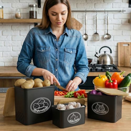Lifewit Plastic Potato and Onion Storage Bin Box, Set of 3, Black - Image 2