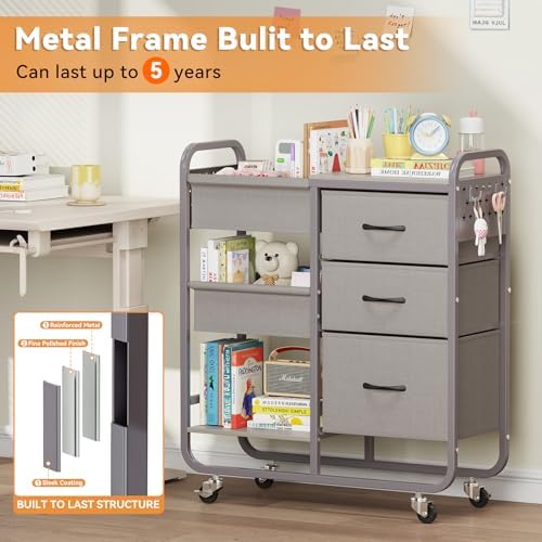 KINGRACK Baby Diaper Caddy Organizer and Storage Cart with Cloth Drawers | 3 Tier Metal Rolling Cart, 2-in-1 Large Capacity Mobile Utility Cart for Nursery, Bedroom, Changing Table & Crib - Image 3