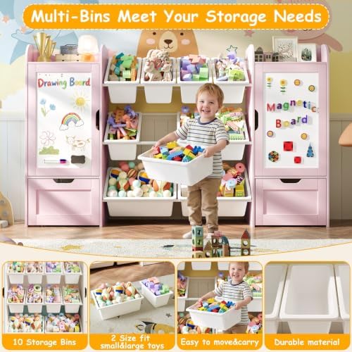 66" W Kids Bookshelf with Storage, 5-in-1 Toy Storage Organizer, Wooden - Image 4