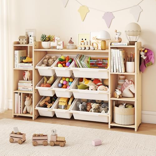 GITAWUSA Toy Storage Organizer, Kids Bookshelf with 6 Shelves, 9 Toy Bins & 6 Hooks | Toy Shelf, Storage Bin Unit, Toy Organization for Playroom, Nursery, Bedroom, Toddler Room, White, 57''W by GITAWUSA