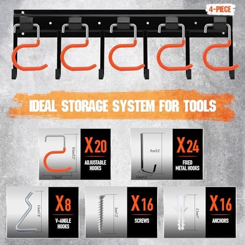 ELEAD 68'' All Metal Adjustable Garden Tool Organizer: Garage Tool Organizer Wall Mount with Orange Hooks, Garage Organizers and Storage, Tool Hangers for Shed - Image 4