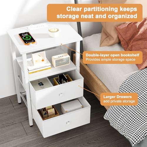 Nightstand with Charging Station, Bedside End Table with 2 Fabric Drawers for Bedroom, Side Table with USB Ports and Outlets (White) - Image 4