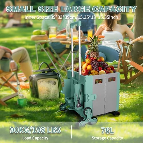 76L Folding Utility Cart Portable Rolling Crate Handcart Shopping Collapsible Tool Box with Stair Climbing Wheels,Hidden Lid,2 Rotate Wheels,for Grocery,Shopping,Office,Storage(Green) - Image 2