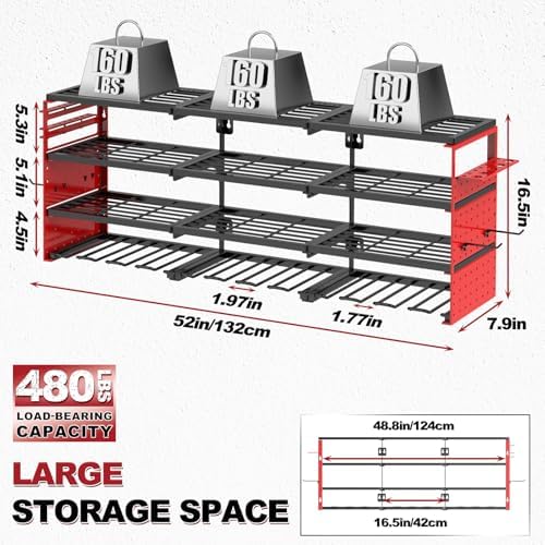 52" Metal Power Tool Organizer Wall Mount,4 Tier,Red - Image 2