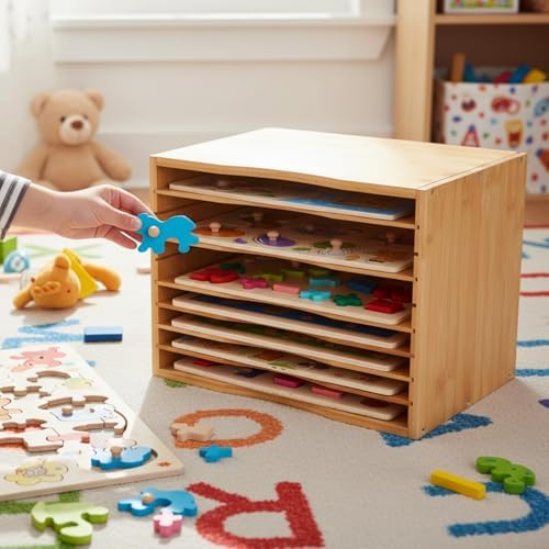 1 Pack Bamboo Puzzle Storage Rack, 7-tier, Fits Standard 9" x 12" Puzzles - Image 2