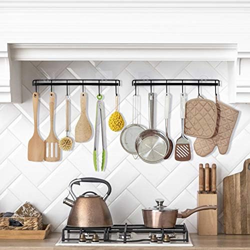 YiZhi Adhesive Wall Hooks Rack Kitchen Rail, Space Saving Utensil Holder No Drilling Wall Mounted Accessory Hanger with 6 Hooks for Kitchen Bathroom Bedroom Pack of 2 (Black) - Image 2