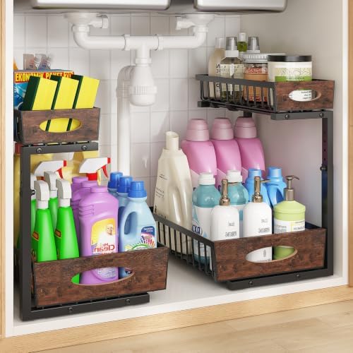 2-Tier Under Sink Organizer with Wooden Drawer Handle, 2 Pack Adjustable Height Pull Out Cabinet Organizer Shelf,Slide out Storage Drawer Rack for Kitchen Bathroom Laundry Room Pantry by Unknown