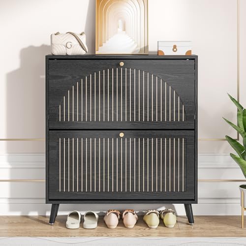Fsbecl Shoe Storage Cabinet for Entryway with 2 Fluted Flip Drawers, Black - Image 6