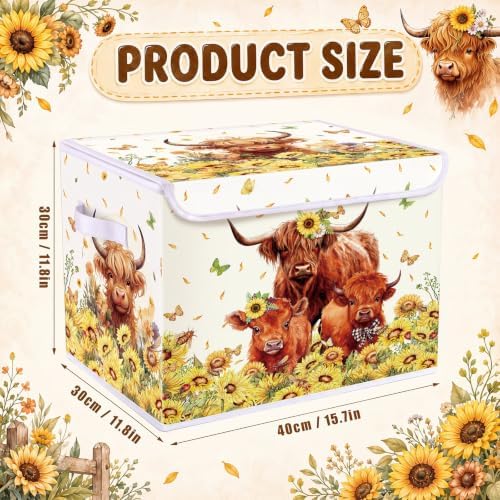 Briwooody Highland Cow Storage Bin with Lid and Carrying Handle Sunflower Cow Foldable Storage Box Large Farm Cattle Decorative Collapsible Container Basket for Organizing Closet Home Bedroom Gift - Image 2