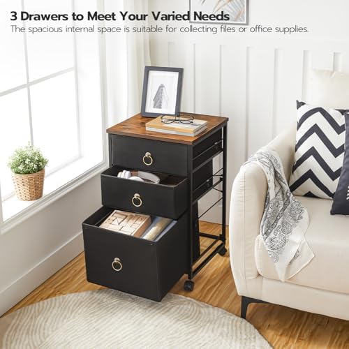 HOOBRO 3-Drawer Mobile File Cabinet, Vertical Filing Cabinet, Under Desk Storage Drawers for Home Office, Rolling Printer Stand, A4/Letter-Sized, Nonwovens Drawer, Rustic Brown and Black BFK30WJ01 - Image 4