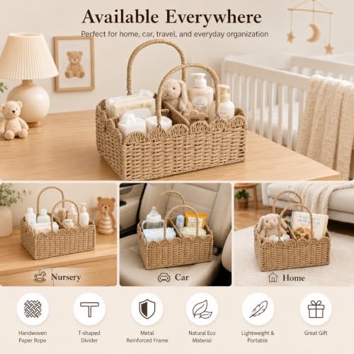 Large Wicker Diaper Caddy Organizer, Scalloped Nursery Basket for Changing Table, Woven Rope Baby Holder with Removable Divider, Portable Organizer for Diapers Wipes Clothes Toys & Essentials (Brown) - Image 4