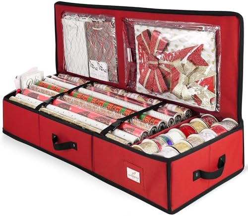 Hearth & Harbor Wrapping Paper Storage Container - Christmas Storage Bag with Interior Pockets - Gift Wrap Organizer Fits Up to 22 Rolls of 40" - Tear Proof, Red by HearthHarbor