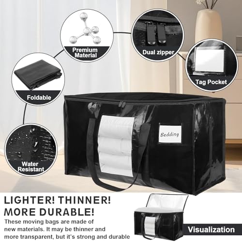 12 Pack Extra Large Moving Bags Heavy Duty 180GSM,130LBS 100L Totes with Visible Window, Zippers & Wrap-Around Handles, Waterproof Reusable, Alt to Moving Boxes, Black - Image 4