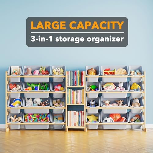 SpaceAid Large Toy Storage Organizer with 24 Bins and 3 Shelves, Toy Organizers Storage Bookshelf, Kids Bin Shelf Box Bookcase for Bedroom Playroom Organization Room Decor, Neutral Gray - Image 3