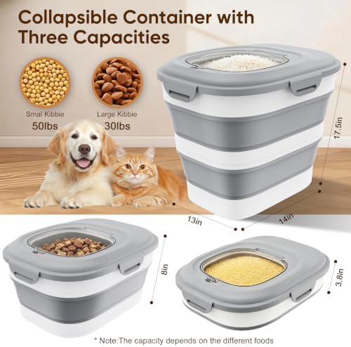 Rice Storage Container, 20 to 50Lbs Collapsible Airtight Rice Container, 30 Lbs Dog Food Storage Container with Wheels, Cup and Scoop, Food Dispenser Bin for Flour, Cereal, Flour, Cat, Bird, Pet - Image 2