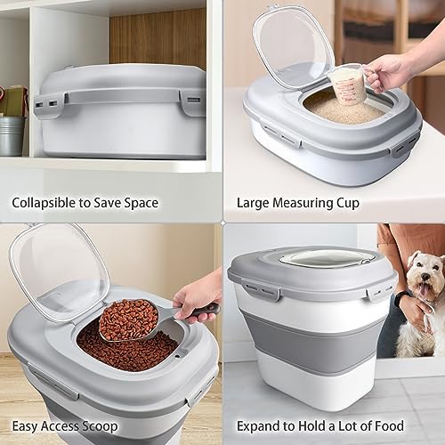 Komzon Rice Storage Bin Cereal Containers, 13-50lb Collapsible Rice Container Dispenser with Transparent Lid, Rolling Wheels, Measuring Cup and Scoop, Airtight Dog Cat Pet Food Storage Container White - Image 2