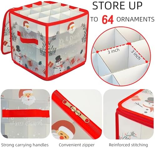 Christmas Ornament Storage Box, Christmas Tree Ornament Organizer, Hard Plastic Storage Container with Dividers, Clear Design Waterproof Case for 3" Seasons Balls (Red) - Image 3