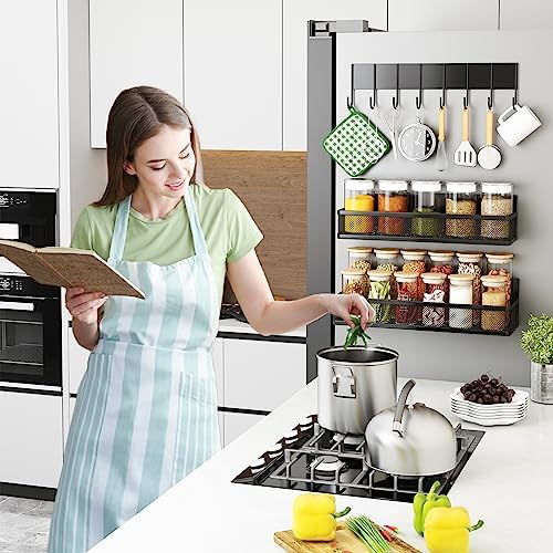 Aufworld Magnetic Spice Rack for Refrigerator, 3 Pack Magnetic Shelf, Moveable Fridge Organizer with 8-Hook Rack, Seasoning Organizer for Kitchen - Image 5