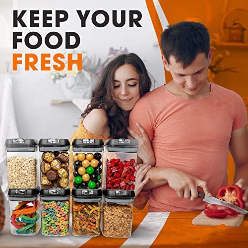 Set of 8 Airtight Food Storage Containers - Pantry Organizer Bins, BPA Free Plastic Containers plus Dry Erase Marker and Labels, Black - Image 2