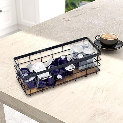TIEYIPIN Farmhouse Small Metal Wire Storage Basket Bin, Rustic Home Storage Organizer with Wooden Bottom for Kitchen, Cabinets, Bathroom Counter, Pantry, Garage, Laundry Room - Black (4 Pack) - Image 7