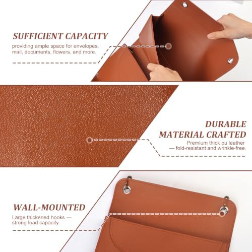 3-Pocket PU Leather Mail Holder Wall Mount Brown Wall File Hanging Organizer 9.65×4.72×1.38 Inch Wall Letter Holder Wall Mail Organizer with 2 Hook for Decor Storage Letter Key Office Home - Image 3