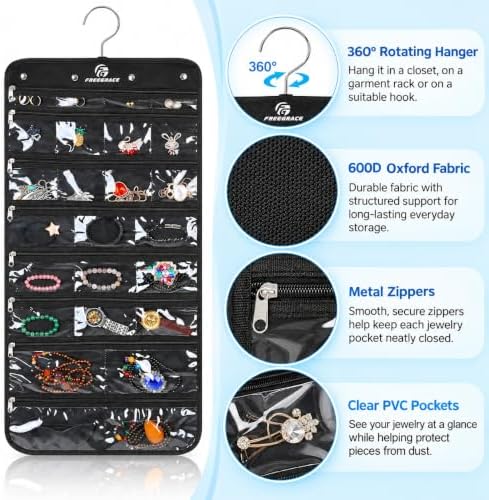 Freegrace Hanging Jewelry Organizer, 25 Zippered Pockets, 23 Necklace Hooks - Image 3