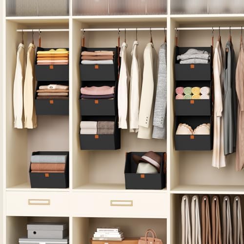 Homsorout Collapsible Hanging Closet Organizer - 3 Tier Closet Shelves Storage System with Hooks, Fabric Hanging Storage Bins for Clothes, Foldable Storage Basket for Laundry, Bedroom, Rv, Black - Image 5