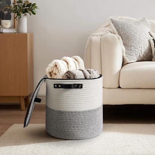 Storage Basket with Lid, 15"x13" Round Woven Blanket Storage for Living Room, Soft Cotton Rope Bin with Zipper Top, Shoe Basket with Lid for Entryway, Floor Kids Dog Toy Bin Box with Cover - Image 3