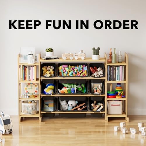 SpaceAid Large Toy Storage Organizer 9 Shelves 9 Bins, Toy Organizers Storage Bookshelf, Kids Bin Shelf Toys Box Bookcase for Bedroom Playroom Organization Room Decor, Neutral Gray - Image 6