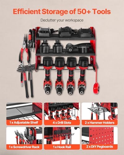 VEVOR Power Tool Organizer Wall Mount, 3-Layer Storage Rack with 4 Drill Holders, Tools Holder and Storage Rack with Side Pegboards, Garage Tool Organizer for Garage, Workbench, and Workshop - Image 4