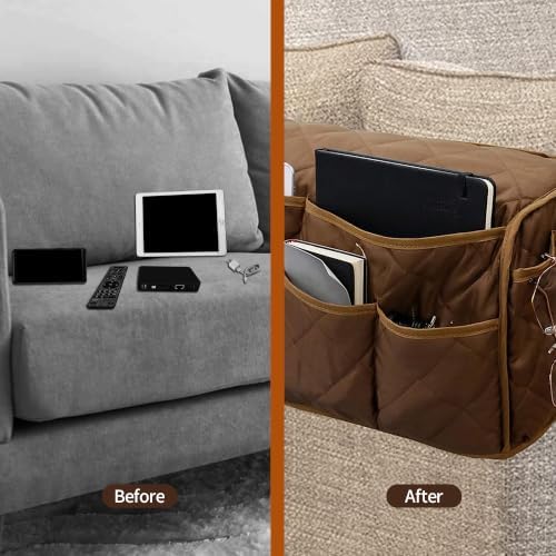 MEHIDFY Armchair Caddy, Waterproof Sofa Armrest Organizer, Non Slip Recliner Organizer, Remote Holder for Recline, Recliner Caddy with 14 Pockets Storage for TV Remote, Phone, Magazine (Brown) - Image 4