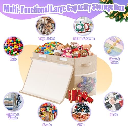 Large Toy Storage Box with Lid, Dividers, Collapsible Kids Toy Chest, Beige - Image 3