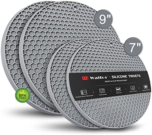 Silicone Trivet Mats - Walfos Heat Resistant Pot Holders Set, 4pcs 2 Sizes 7 Inch & 9 Inch, Multipurpose Non-Slip Hot Pads for Hot Pot, Hot Dishers, Jar Opener, Food Grade & BPA Free (Nordic Grey) by Walfos