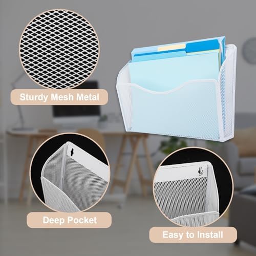EASEPRES 3 Single Pocket Mesh Hanging File Organizer, Vertical Wall Mounted Magazine File Holder, Mount Basket Mail Paper Document Folder Organizing for Office, Home and School, White - Image 2