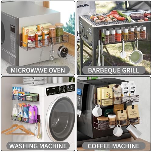 Magnetic Spice Rack for Refrigerator, 2 Pack 100% Metal Strong Magnet Shelf, Space Saving Spice Organizer W/ Hooks, Movable Magnetic Fridge Shelf, Kitchen Home Laundry Room Storage Organization, Brown - Image 6
