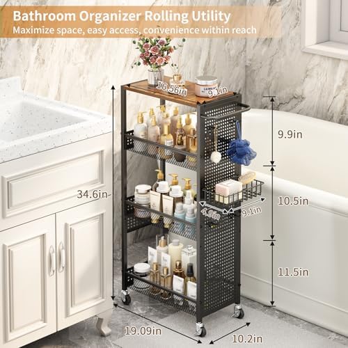 Slim Storage Rolling Cart: 4-Tier Narrow Metal & Wood Utility Cart with Wheels for Kitchen/Laundry/Bathroom(Black) - Image 2