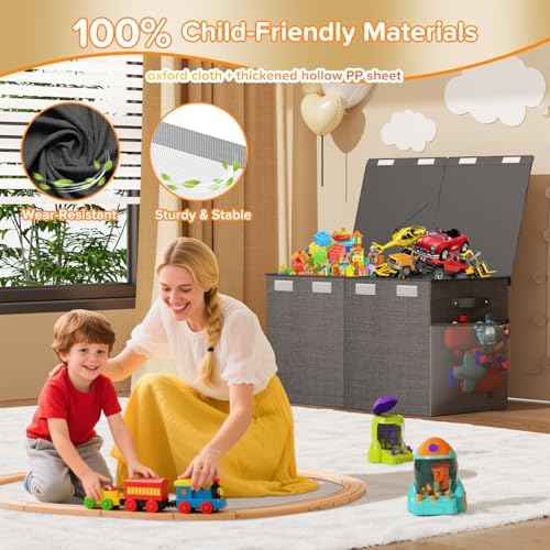 Large Toy Box Chest, Collapsible Sturdy Toy Storage Organizer Boxes Bins Baskets Dinosaur Kids Toy Chest Bin with Lids for Boys Girls Living Room Playroom Bedroom Nursery 25"x14"x16" Gray - Image 3
