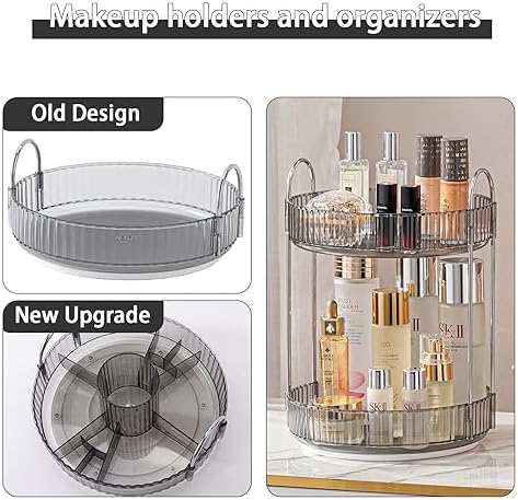 shuang qing Rotating Makeup Organizer for Vanity, High-Capacity Skincare Clear Make Up Storage Perfume Organizers Cosmetic Dresser Organizer Countertop 360 Spinning (Gray, New-2 Tier) - Image 2