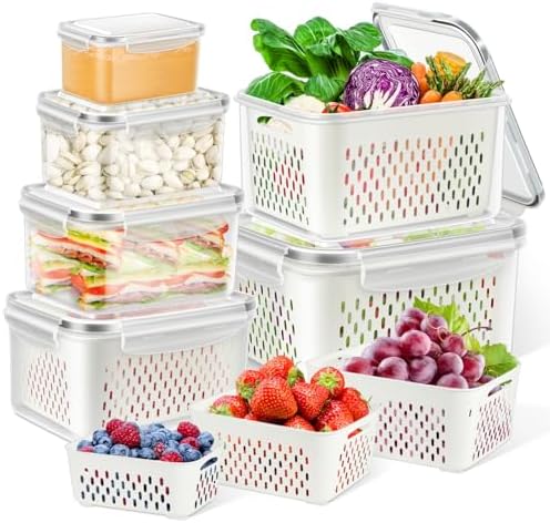 TBMax 12 Pieces Fruit Storage Containers for Fridge Organizers and Storage, 6 Pack Large Produce Saver with Airtight Lid & Colander for Berry Lettuce Salad Vegetable Storage, Refrigerator Organizer by TBMax