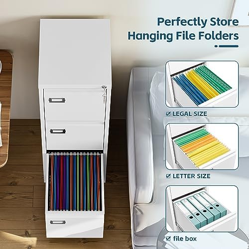 MIIIKO 3 Drawer File Cabinet, White Vertical Filing Cabinets with Lock, Home Office File Folders Storage Cabinet for Letter Legal A4 File Size - Image 4
