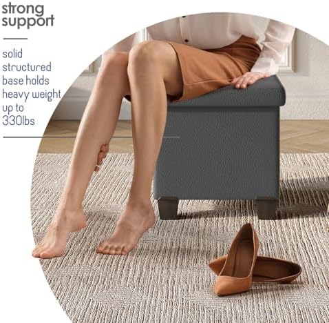 Storage Ottoman Cube with Small Bin, 15-in Square Ottoman with Storage for Living Room and Bedroom, Small Ottomans Foot Rest, Faux Leather Foot Stools Ottomans Max 330lbs, Grey - Image 6