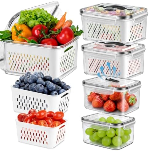 5 Pack Fridge Fruit Storage Containers with Colander, Vent and Handle by ODOMU
