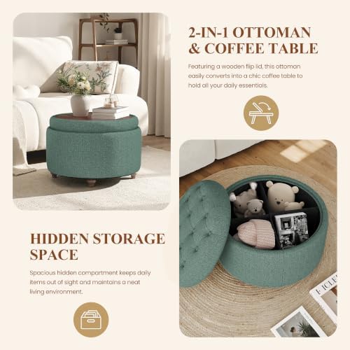25" Round Ottoman with Storage, Small Coffee Table with Reversible Tray Lid - Image 3