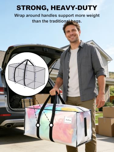 HOMESURE 8 Pack Large Strong Moving Bags with Zippers & Carrying Handles - Water-Resistant - Heavy Duty Tote for Space Saving Storage, Fold Flat, Alternative to Moving Box (Clear) - Image 2