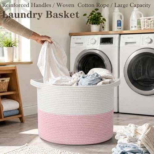 90L Extra Large Pink Woven Cotton Rope Basket with Handles - Image 5