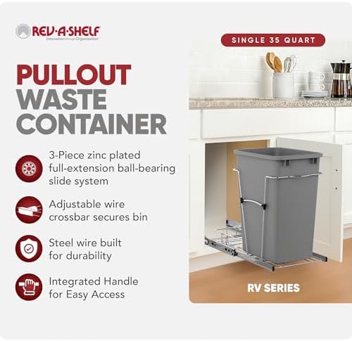 Rev-A-Shelf Pullout Trash Can for Kitchen Cabinets, Silver Waste Bin, 35 Qt - Image 2