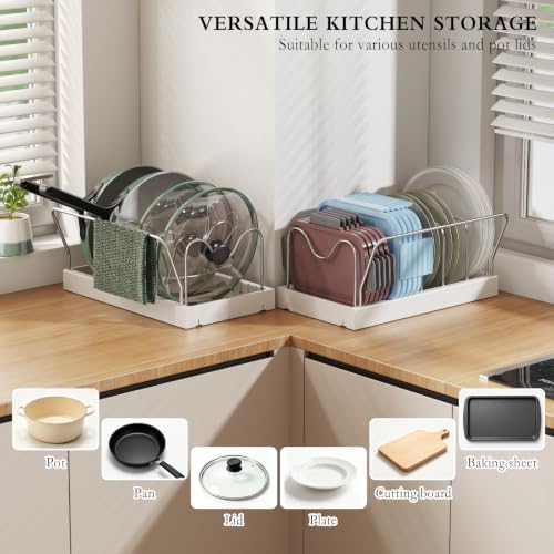 CICUFY 2 Pack Pots and Pans Organizer Under Cabinet, 12"-23" Pot Lid Holder Rack Inside Cabinet with 10 Adjustable Dividers, Pan Lid Organizer with Guardrail For Kitchen Countertop, White - Image 5