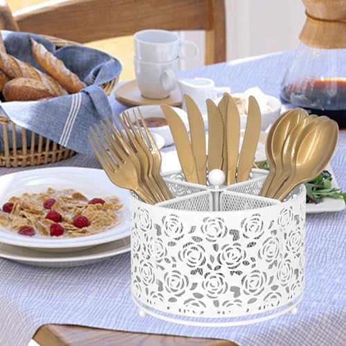 DysanVica Rotating Metal Silverware Caddy - Utensil Holder Countertop White - Image 4