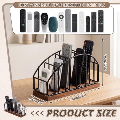 5 Slot Remote Control Holder 7.87 x 3.93 x 2.75 Inch, Vertical Metal & Wood Remote Caddy for Table, Desktop Storage Desktop Organizer for TV Remotes, Phone, Glasses, Nightstand Coffee Table, Black - Image 2